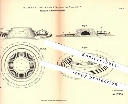 original Patent - Theodore R. Timby , Nyack , Rockland , New York USA , 1881 , Küstenbefestigung | Geschütze , Panzer !