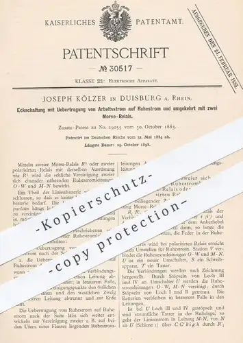 original Patent - Joseph Kölzer , Duisburg / Rhein , 1884 , Eckschaltung mit 2 Morse- Relais | Strom , Elektrik !!