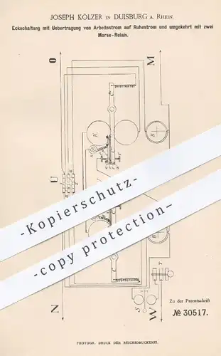 original Patent - Joseph Kölzer , Duisburg / Rhein , 1884 , Eckschaltung mit 2 Morse- Relais | Strom , Elektrik !!