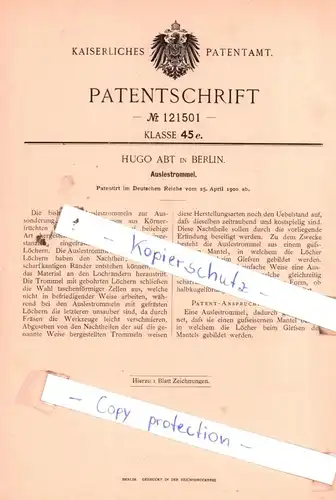 original Patent - Hugo Abt in Berlin , 1900 , Auslesetrommel !!!