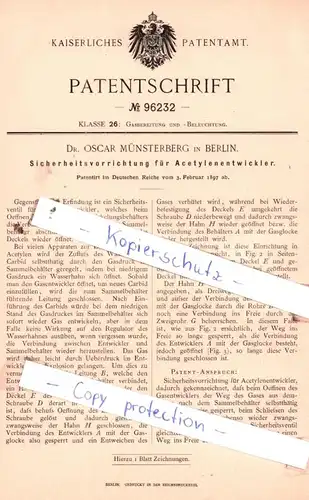 original Patent - Dr. Oscar Münsterberg in Berlin , 1897 , Sicherheitsvorrichtung für Acetylenentwickler !!!