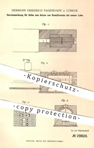 original Patent - Hermann Fr. Pagendarm , Lübeck , 1884 , Darrenanordnung für Öfen zum Heizen der Dampfkessel | Ofen !!!