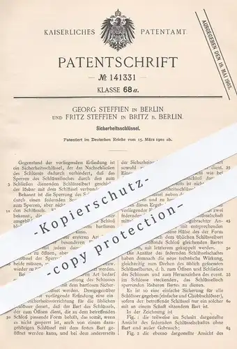 original Patent - Georg u. Fritz Steffien , Berlin / Britz , 1902 , Sicherheitsschlüssel | Schlüssel , Schloss !!!