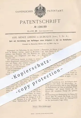 original Patent - Joel Henry Greene , Dubuque , Jowa, USA , 1899 , Bett mit Aufhängung am Bettpfosten | Krankenbett !!!