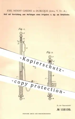 original Patent - Joel Henry Greene , Dubuque , Jowa, USA , 1899 , Bett mit Aufhängung am Bettpfosten | Krankenbett !!!