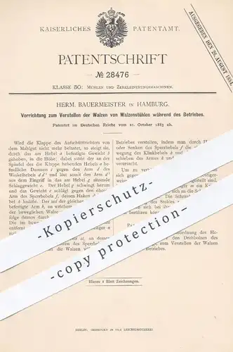 original Patent - Herm. Bauermeister , Hamburg , 1883 , Verstellen der Walzen am Walzenstuhl | Mühle , Mühlen !!!