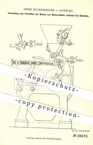 original Patent - Herm. Bauermeister , Hamburg , 1883 , Verstellen der Walzen am Walzenstuhl | Mühle , Mühlen !!!