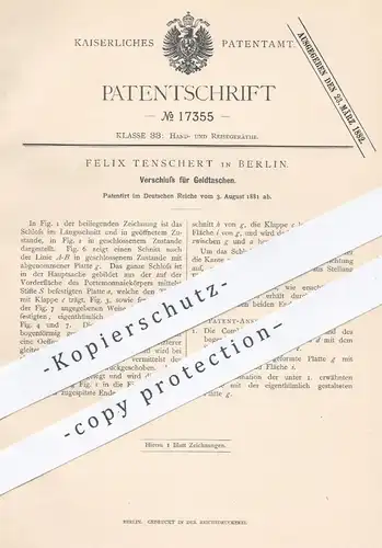 original Patent - Felix Tenschert in Berlin , 1881 , Verschluss für Geldtaschen , Geldbörse , Portemonnaie | Tasche !!!