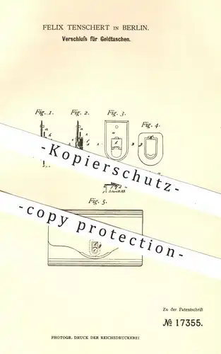 original Patent - Felix Tenschert in Berlin , 1881 , Verschluss für Geldtaschen , Geldbörse , Portemonnaie | Tasche !!!