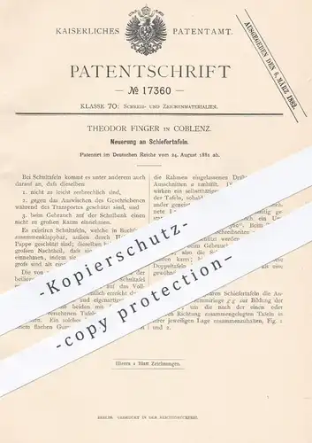 original Patent - Th. Finger , Koblenz , 1881 , Schiefertafel , Schiefertafeln | Schiefer , Tafel , Schultafel , Schule