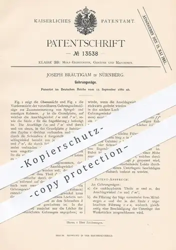 original Patent - Joseph Bräutigam , Nürnberg , 1880 , Gehrungssäge | Säge , Sägen , Holzsäge , Holz , Tischler !!!