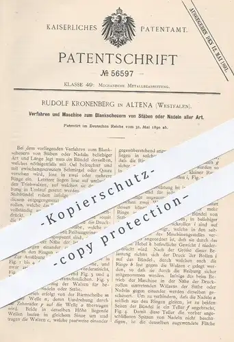 original Patent - Rudolf Kronenberg , Altena / Westfalen , 1890 , Maschine zum Polieren von Stäben o. Nadeln | Metall