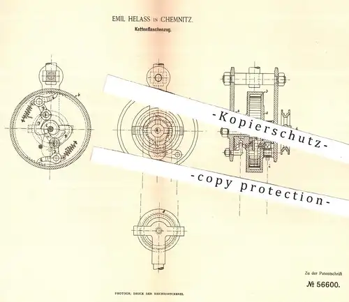 original Patent - Emil Helass , Chemnitz  1890 , Kettenflaschenzug , Ketten - Flaschenzug | Hebezeuge , Aufzug , Seilzug