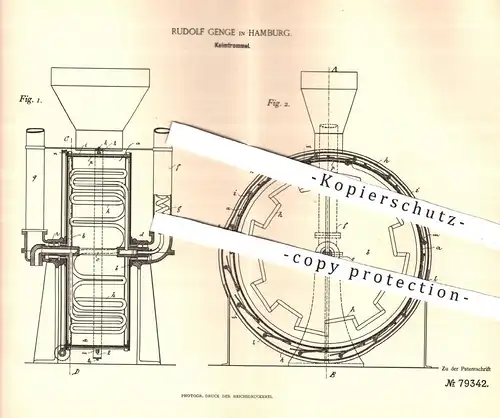 original Patent - Rudolf Genge , Hamburg , 1893 , Keimtrommel | Trommel zum Keimen | Malz , Bier , Hopfen , Maische !!