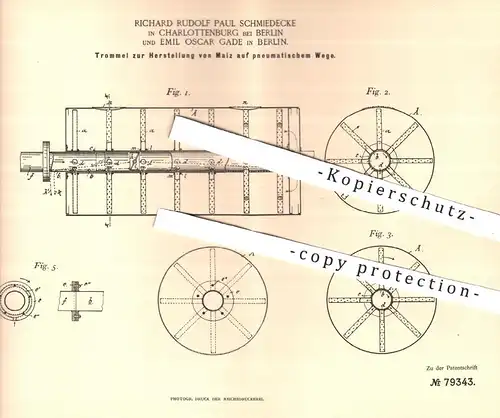 original Patent - Richard R. P. Schmiedecke | Emil O. Gade , Berlin Charlottenburg 1893 , Trommel zur Malz - Herstellung