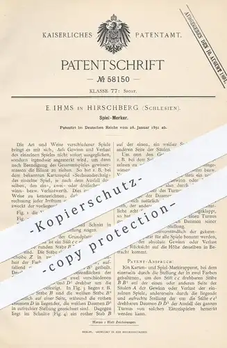 original Patent - E. Ihms , Hirschberg , Schlesien , 1891 , Spiel - Merker | Kartenspiel , Spielkarten , Brettspiele !!