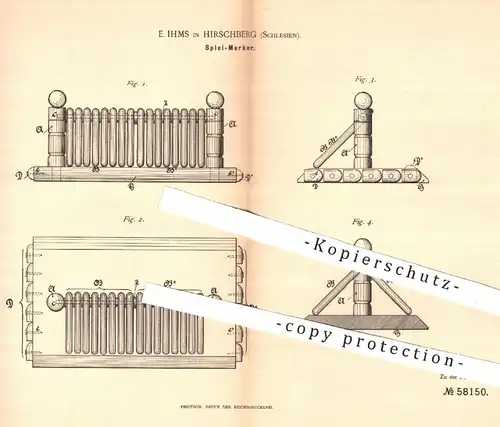 original Patent - E. Ihms , Hirschberg , Schlesien , 1891 , Spiel - Merker | Kartenspiel , Spielkarten , Brettspiele !!