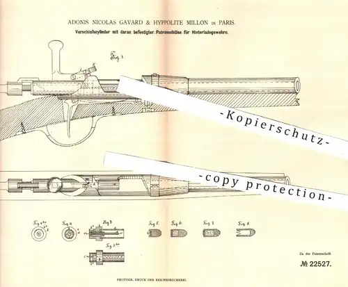 original Patent - Adonis N. Gavard & Hyppolite Millon , Paris , 1882 , Verschlusszylinder mit Patronenhülse für Gewehre