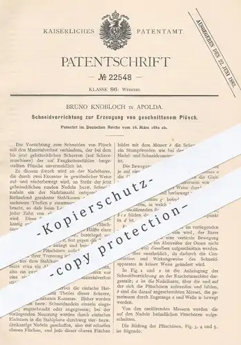 original Patent - Bruno Knobloch in Apolda , 1882 , Schneiden von Plüsch , Scheermaschine , Scheeren , Weber , Weberei !