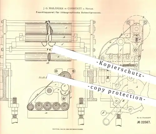 original Patent - J. G. Mailänder , Canstatt 1882 , Feuchtapparat für lithographische Pressen | Lithographie , Druckerei