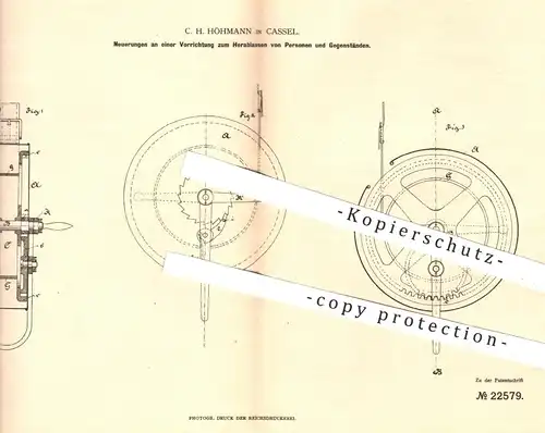 original Patent - C. H. Höhmann , Kassel , 1882 , Herablassen von Personen | Aufzug , Seilzug , Feuerwehr , Hebezeug !!
