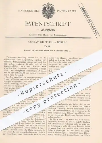 original Patent - Gustav Grütter in Berlin , 1882 , Zelt , Zelte | Lagerzelt für Militär , Armee | Reisezelt , Camp !!!