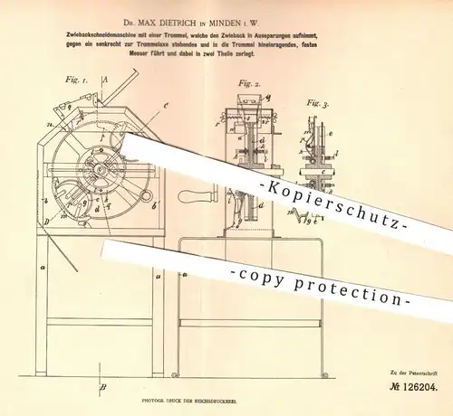 original Patent - Dr. Max Dietrich , Minden , 1900 , Schneidemaschine für Zwieback | Messer , Bäcker , Bäckerei !!!
