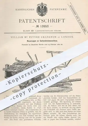 original Patent - William Mc Intyre Cranston , London , 1880 , Garbenbindemaschinen | Mähen , Erntemaschine , Getreide