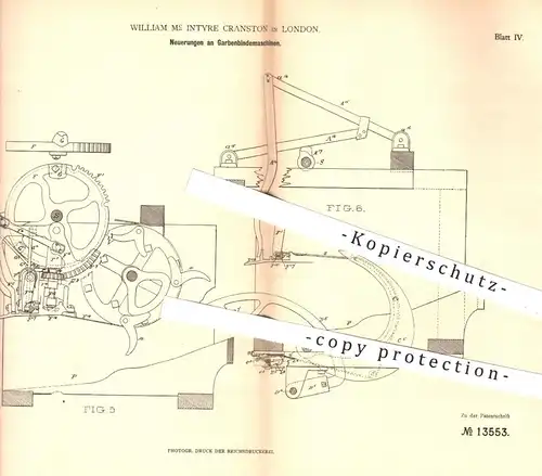 original Patent - William Mc Intyre Cranston , London , 1880 , Garbenbindemaschinen | Mähen , Erntemaschine , Getreide