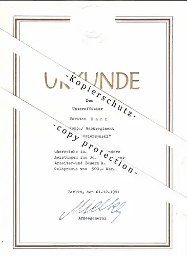 Urkunde - Torsten Hahn / Wachregiment „ Feliks Dzierzynski “ mit Autograph Erich Mielke , DDR , Stasi !!!