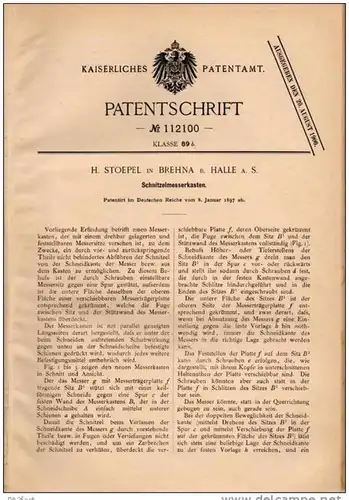 Original Patentschrift - H. Stoepel in Brehna - Sandersdorf b. Halle a.S. , 1897 , Schnitzelmesserkasten , Roitzsch !!!