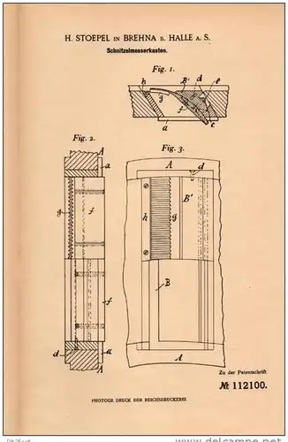 Original Patentschrift - H. Stoepel in Brehna - Sandersdorf b. Halle a.S. , 1897 , Schnitzelmesserkasten , Roitzsch !!!