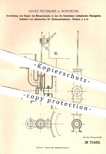 original Patent - Adolf Prüsmann , Dortmund 1893 , Regeln des Wasserstandes am Hebewerk für Schleusen , Brücken | Wasser