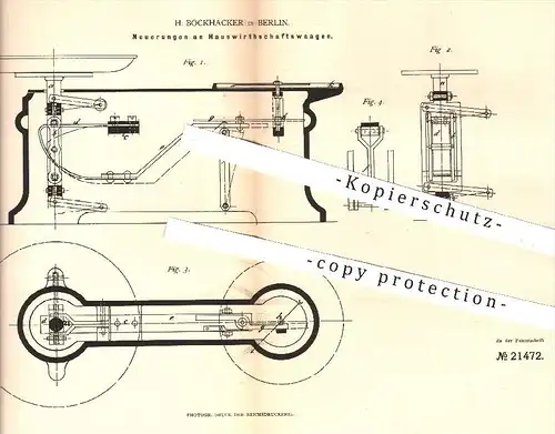 original Patent - H. Bockhacker , Berlin , 1881 , Hauswirtschaftswaage , Waage , Waagen | Gewicht , Wiegen , Haushalt !!