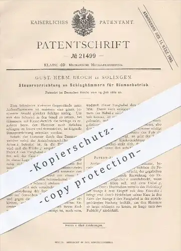 original Patent - G. H. Broch , Solingen , 1882 , Steuervorrichtung am Schlaghammer für Riemenbetrieb | Hammer , Metall