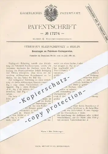 original Patent - Herrmann Kleinschewsky , Berlin , 1881 , Petroleum - Kochapparat | Brenner , Kochen , Herd , Ofen !!!