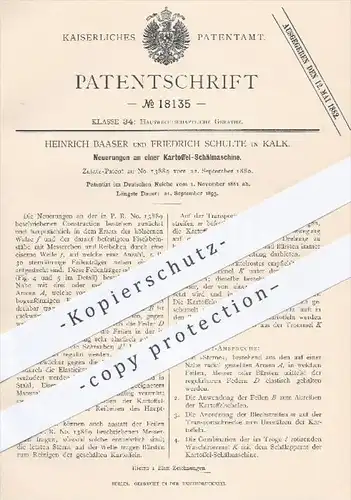 original Patent - Heinrich Baaser u. Friedrich Schulte , Kalk , 1881 , Kartoffel - Schälmaschine | Kartoffeln , Messer !