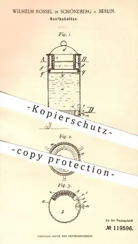 original Patent - Wilhem Rossel , Berlin Schöneberg , 1900 , Senfbehälter | Behälter für Senf , Haushalt , Küche , Koch