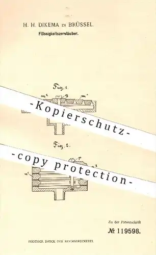 original Patent - H. H. Dikema , Brüssel , 1900 , Flüssigkeitszerstäuber | Zerstäuber , Flüssigkeiten , Feder , Federn