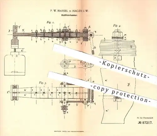 original Patent - P. W. Hassel in Hagen , 1907 , Blattfederhammer | Blattfeder , Hammer , Metall , Metallbearbeitung !!