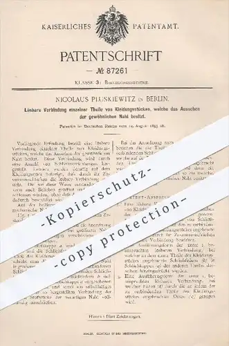original Patent - Nicolaus Pluskiewitz , Berlin , 1895 , Lösbare Verbindung einzelner Teile von Kleidung | Bekleidung !!
