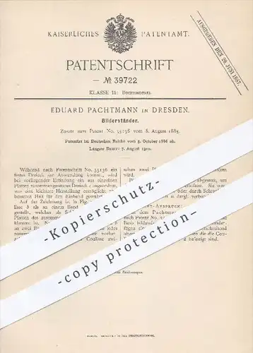original Patent - Eduard Pachtmann , Dresden , 1886 , Bilderständer | Bild , Bilder , Fotos , Buchbinder , Buchbinderei