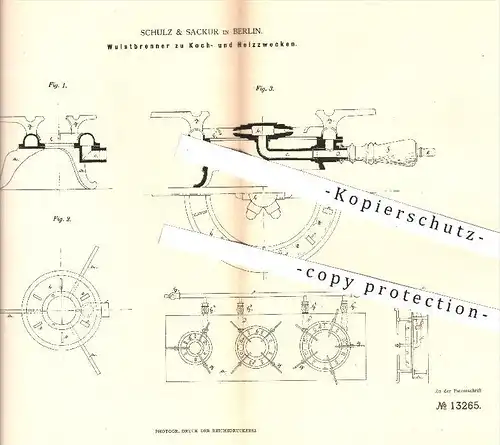 original Patent - Schulz & Sackur , Berlin , 1880 , Wulstbrenner zum Kochen u. Heizen | Brenner , Gas , Heizung , Koch !