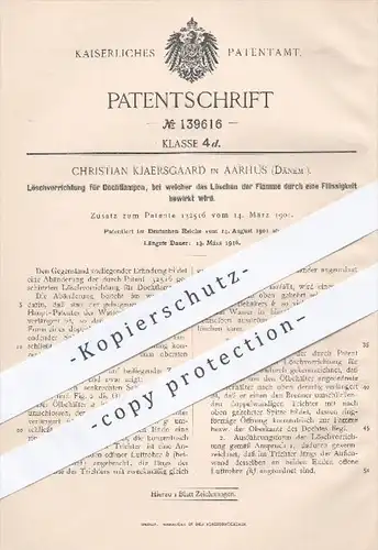 original Patent - Christian Kjaersgaard , Aarhus , Dänemark , 1901 , Löschen von Dochtlampen durch Flüssigkeit | Brenner
