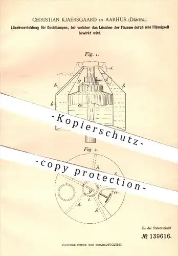 original Patent - Christian Kjaersgaard , Aarhus , Dänemark , 1901 , Löschen von Dochtlampen durch Flüssigkeit | Brenner