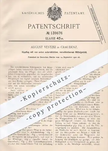 original Patent - August Ventzki , Graudenz , 1900 , Kippflug mit verschiebbarem Mittelgestell | Pflug , Landwirtschaft