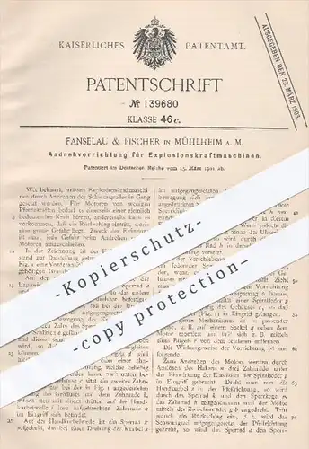 original Patent - Fanselau & Fischer , Mühlheim / Main , 1901 , Andrehvorrichtung für Explosionskraftmaschinen | Motor