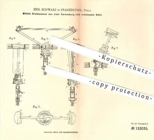 original Patent - Emil Schwarz , Frankenthal , 1900 , Durch Druckwasser aus einer Versenkung sich erhebender Stuhl !!!