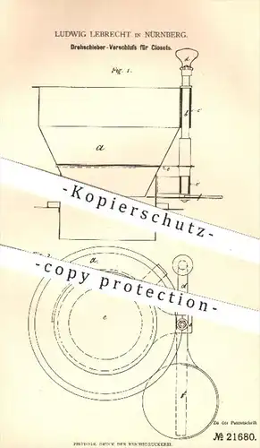 original Patent - Ludwig Lebrecht , Nürnberg , 1882 , Drehschieber - Verschluss für Closets | Toilette , WC , Kloset !!