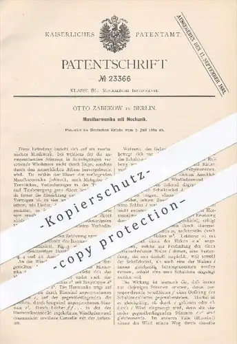 original Patent - Otto Zabekow in Berlin , 1882 , Mundharmonika mit Mechanik | Harmonika , Musikinstrument , Musik !!!